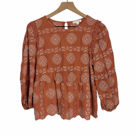 BLU PEPPER Womens Clay Orange Embroidered Peasant Blouse Top Small Boho - Picture 3 of 12